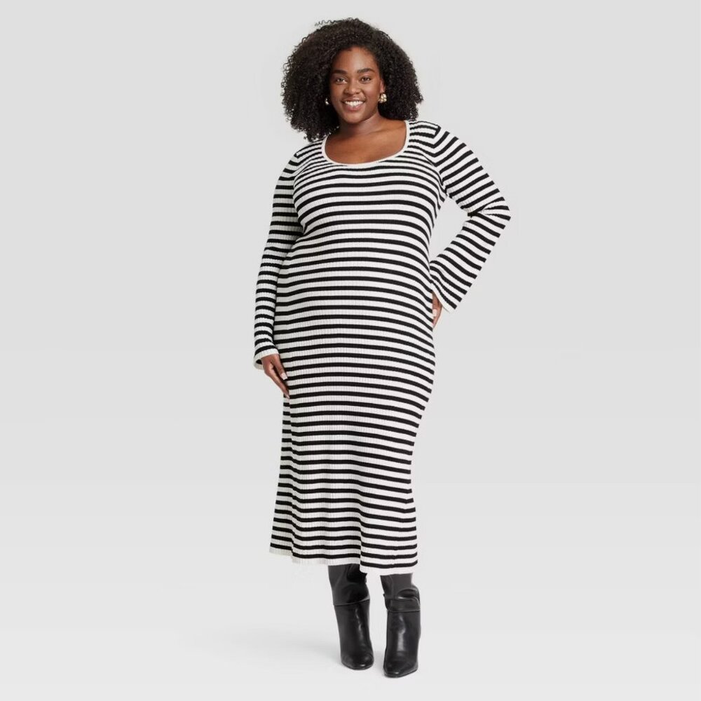 Women's Long Sleeve Maxi Sweater Dress - A New Day Black White Stripes XXL